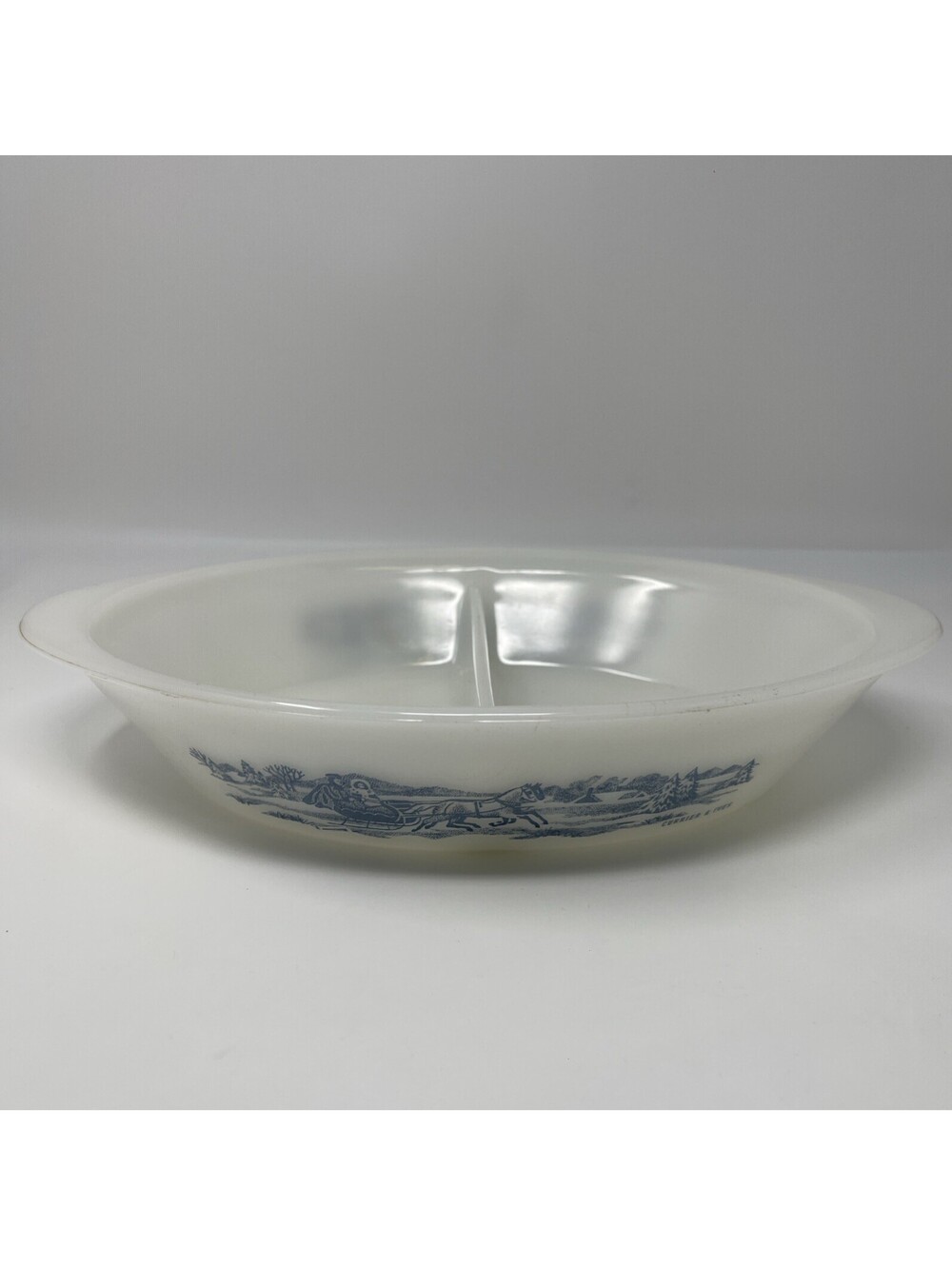 Vintage Glasbake Currier Ives Oval Glass J-2352 Divided Casserole Horse Sleigh